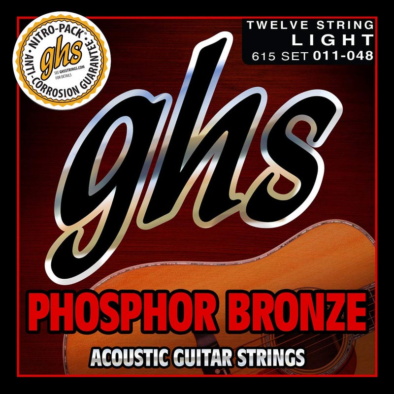 GHS Strings 615 12-String Set Phosphor Bronze Acoustic Guitar Strings, Light, 11-48 - Image 1